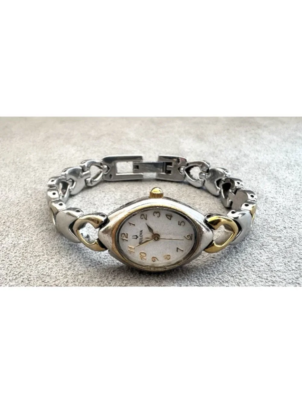 BULOVA Ladies' 2-Tone HEART LINK BRACELET WATCH White Dial -Working +New Battery